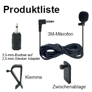 Text reads 'Produktliste' 'Klemme' 'Zwischenablage' '3M-Mikrofon'. Product diagram showing microphone components and accessories.