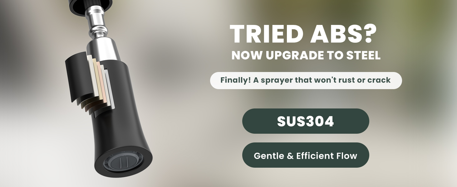 Text reads: 'TRIED ABS?', 'NOW UPGRADE TO STEEL', 'SUS304', 'Gentle &amp; Efficient Flow', 'Finally! A sprayer that won't rust or cracks'. Product image showing metallic sprayer head.