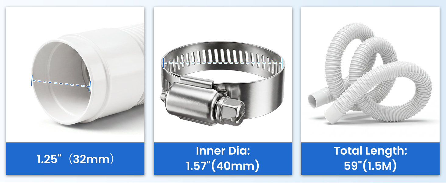 Text reads '1.25' (32mm)', 'Inner Dia: 1.97' (40mm)', 'Total Length: 69' (1.8M)'. Three product views showing white connector piece, metal hose clamp, and white coiled tubing with specifications.