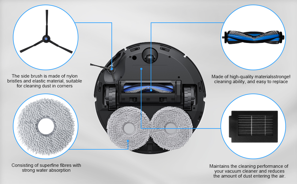 Technical diagram showing several views and components of a robotic vacuum cleaner, including the brush mechanisms and internal structure.