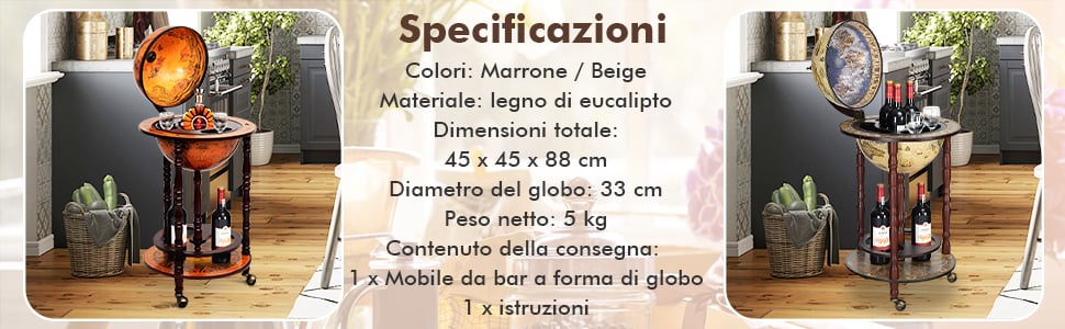 COSTWAY Mappamondo Bar con Ruote Mobili, Porta Liquori Stile Retrò (Beige 45  x 45 x 88cm)