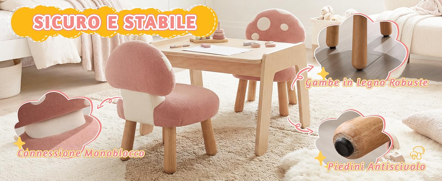 Il testo recita «SICURO E STABILE». Poggiapiedi o pouf in peluche rosa con gambe in legno raffigurati nella cameretta dei bambini con mobili coordinati.