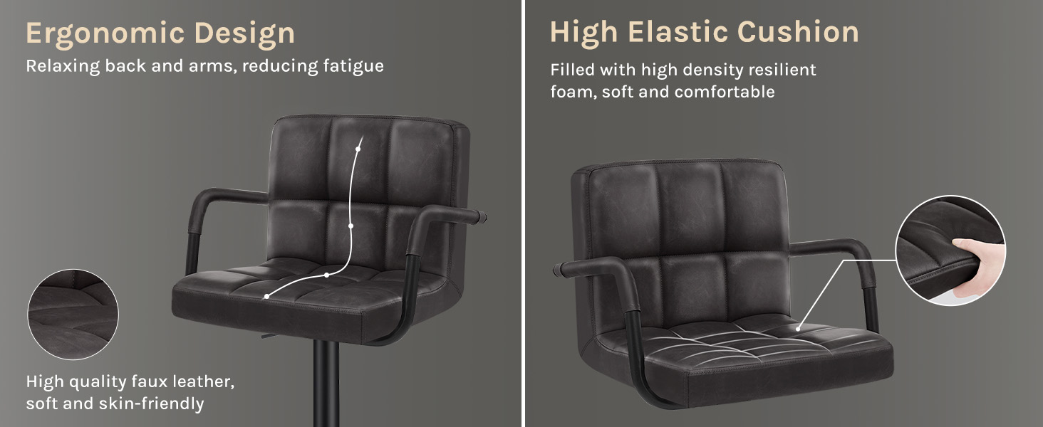 Text reads 'Ergonomic Design' and 'High Elastic Cushion'. Multiple views of a black gaming or office chair showing adjustable features and cushioned seat design.
