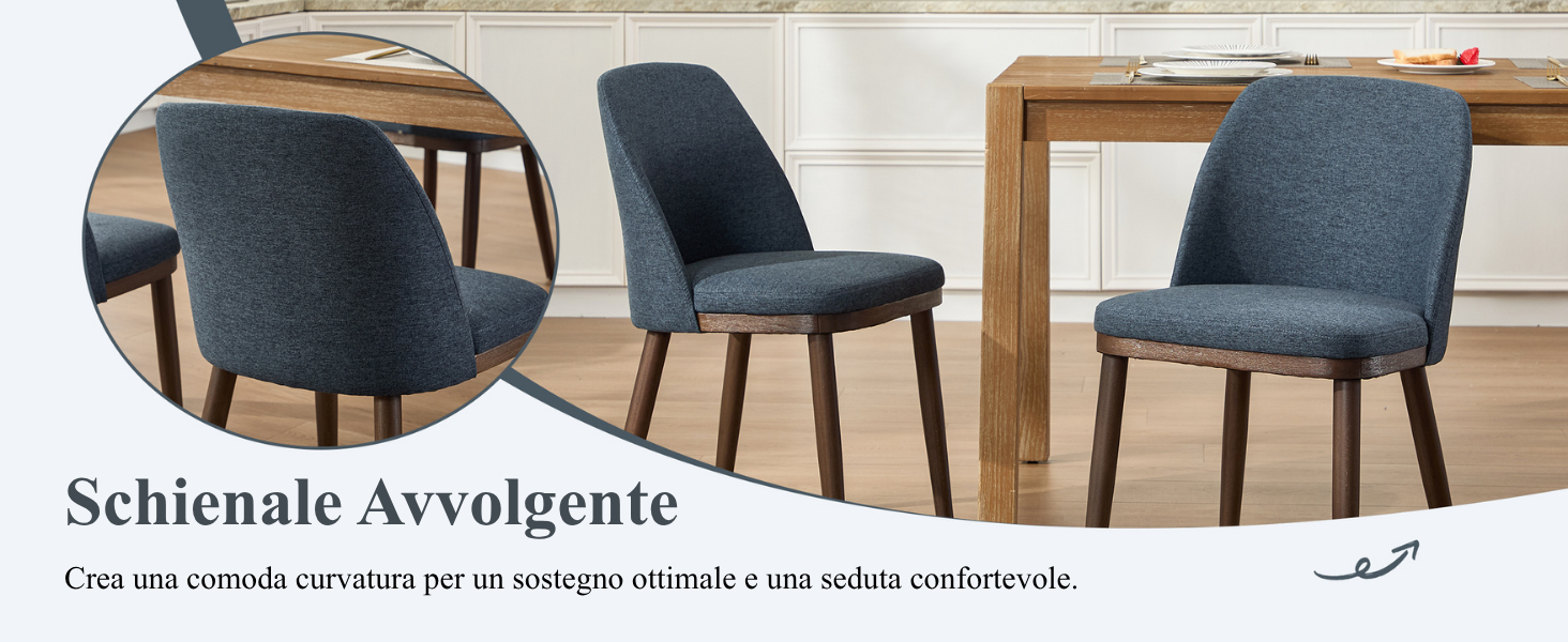 Set di sedie da pranzo moderne con rivestimento blu-grigio e gambe in legno disposte attorno a un tavolo da pranzo.
