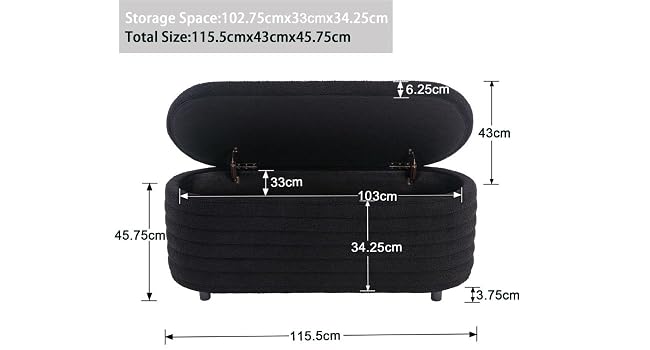 Black storage ottoman with open lid, showing interior dimensions. Exterior measurements provided. Rectangular shape with curved edges and textured fabric upholstery.