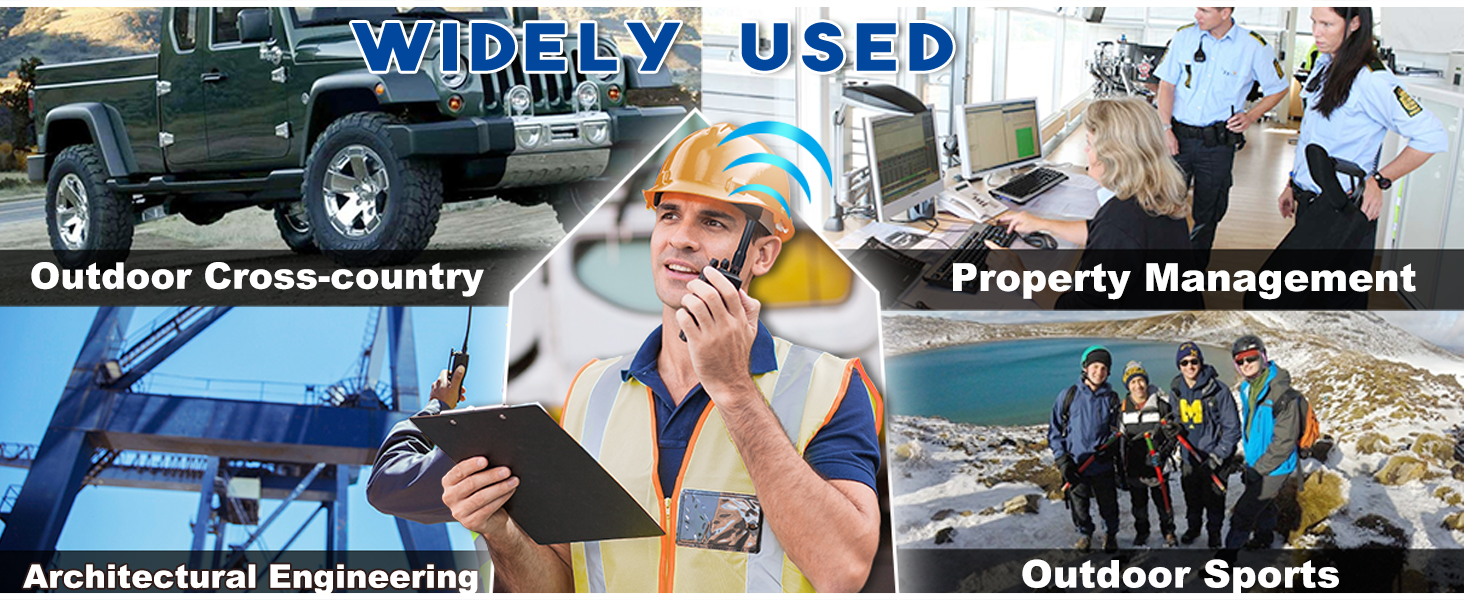 Multi-panel image showing various professional uses including outdoor activities, property management, engineering, and sports applications.
