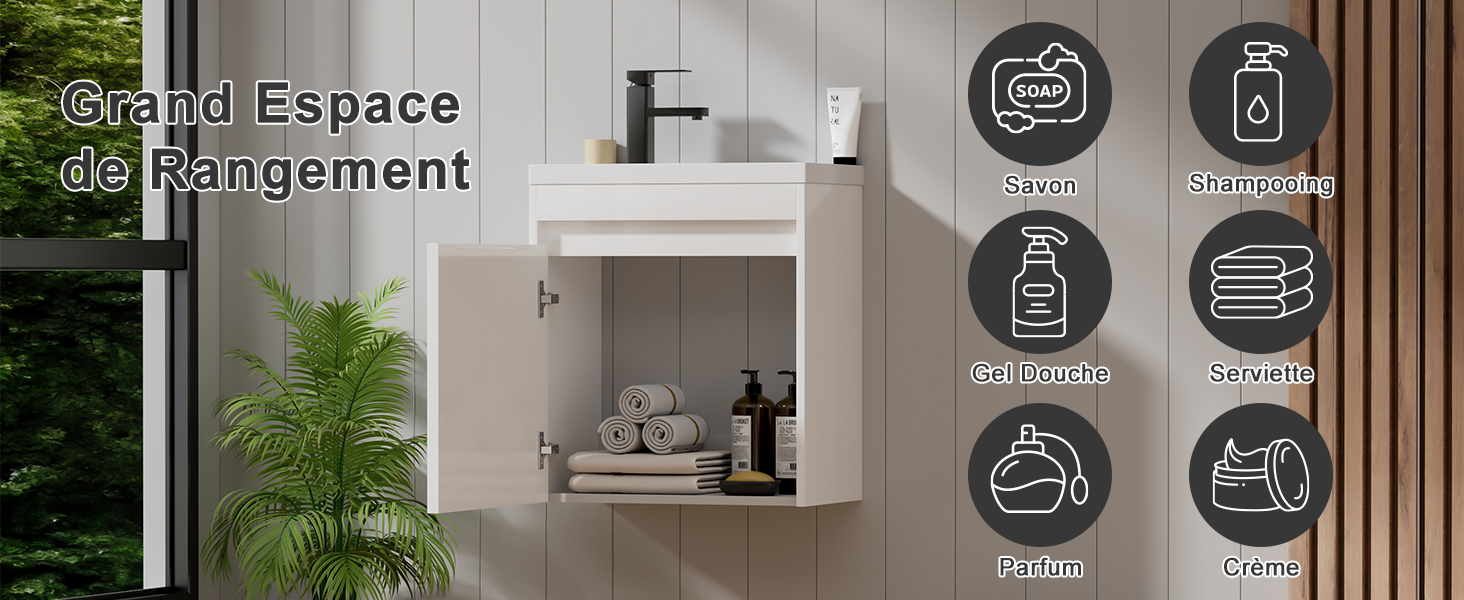 Concept de design d'intérieur présentant un espace de vie doté d'un mobilier minimaliste et de six icônes circulaires présentant différents services ou caractéristiques liés à la maison.