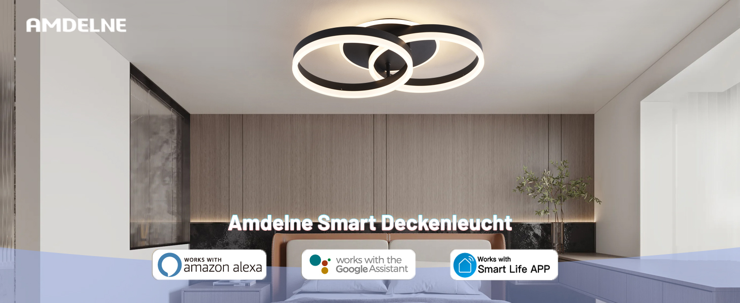 Der Text lautet „Amdeline Smart Deckenleuchte“. Modernes Esszimmerinterieur mit rundem weißen Tisch, grauen gepolsterten Stühlen und moderner Deckenleuchte.