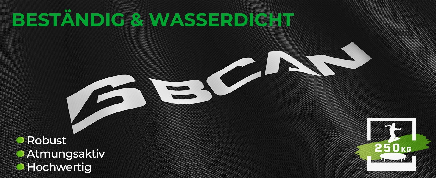 Der Text lautet „BESTÄNDIG &amp; WASSERDICHT“, „Atmungsaktiv“, „Hochwertig“. Demonstration der Produktmerkmale vor dunklem Hintergrund mit technischen Symbolen.