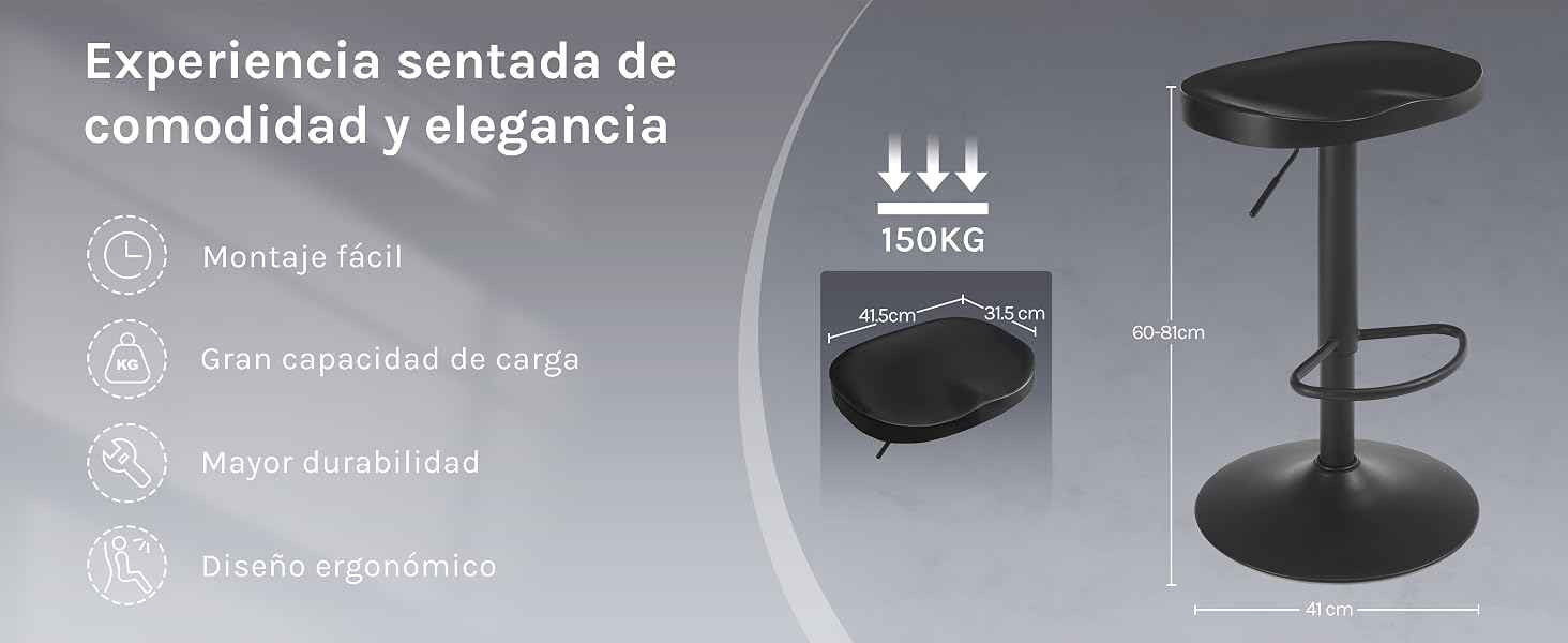 con diseño ergonómico. Las características incluyen una capacidad de peso de 150 kg, un giro de 360 grados y un ajuste de altura. El diagrama muestra las dimensiones del taburete y