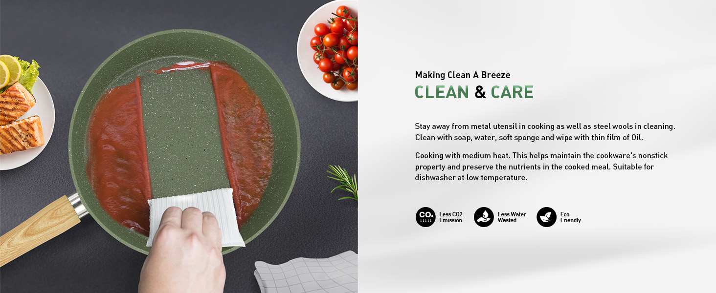 Circular green plates with various foods. Hand wiping plate with white cloth. Product card visible with care instructions.