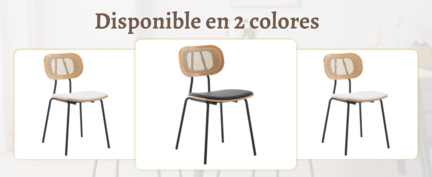 El texto dice «Disponible en 2 colores». Serie de sillas de madera idénticas con patas de metal que se muestran desde diferentes ángulos, con dos opciones de color.
