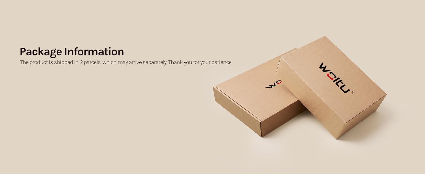 Text reads 'Package Information'. Two kraft cardboard boxes stacked at slight angle against neutral beige background.