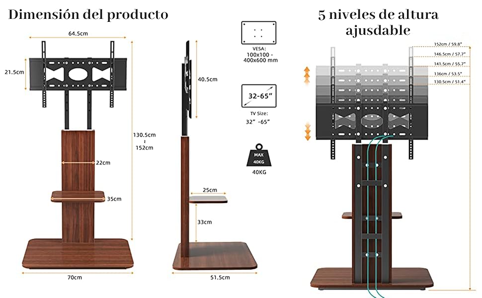 UNHO Soporte TV Pie 32-65 Base Televisión de Suelo de Altura Ajustable para  Pantalla LED LCD Plasma VESA 600x400