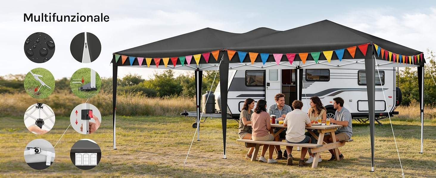 Il testo recita «Multifunzionale». Grande tenda a baldacchino da esterno con persone riunite al tavolo da picnic, accompagnata da icone che mostrano varie caratteristiche.