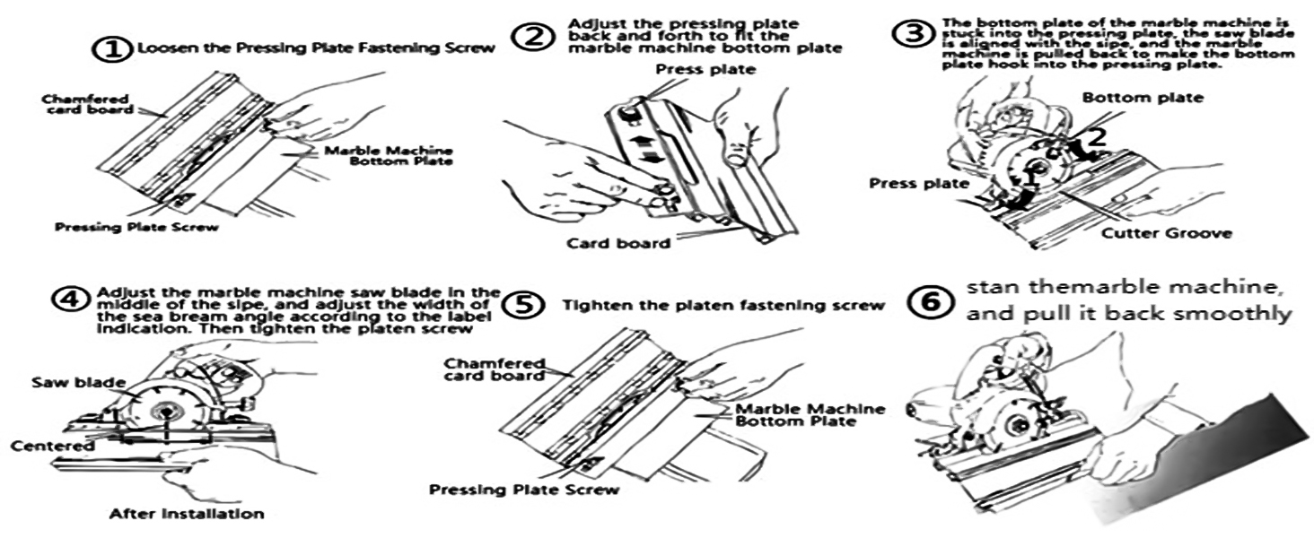 Technical instruction diagram showing six sequential steps for installing or adjusting a pressing plate mechanism, with numbered illustrations and arrows.