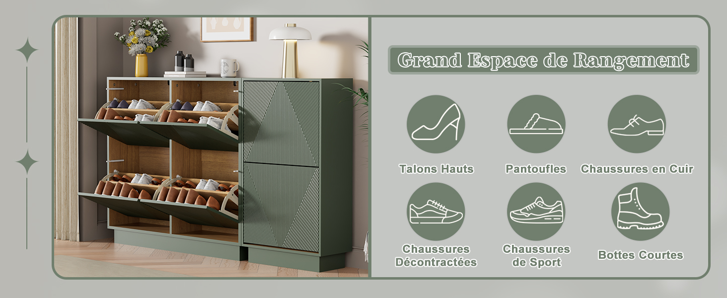 Le texte indique « Plusieurs styles à implémenter ». Panneau de présentation de produits teinté en vert affichant trois icônes circulaires avec des silhouettes de chaussures, montrant différentes implémentations de styles pour le rangement des chaussures.