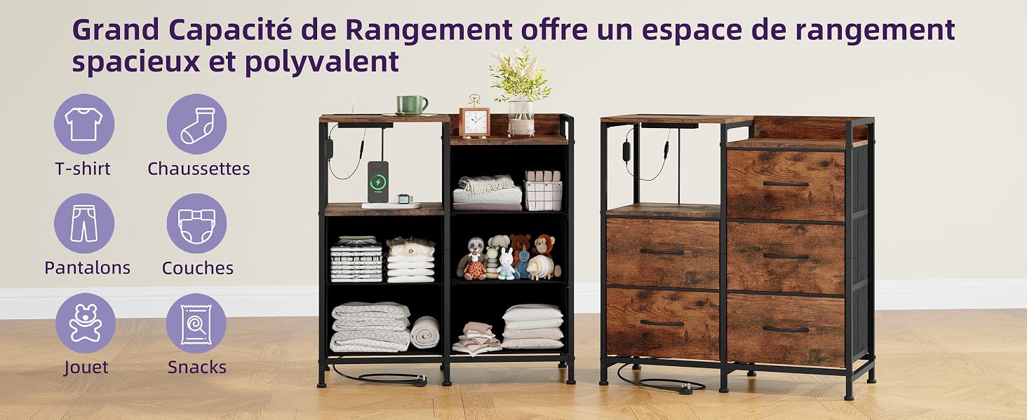 Le texte indique « Grande Capacité de rangement offre un espace de rangement spacieux et polyvalent » avec huit icônes circulaires représentant des solutions de rangement d'étagères blanches et d'armoires de rangement en bois brun.