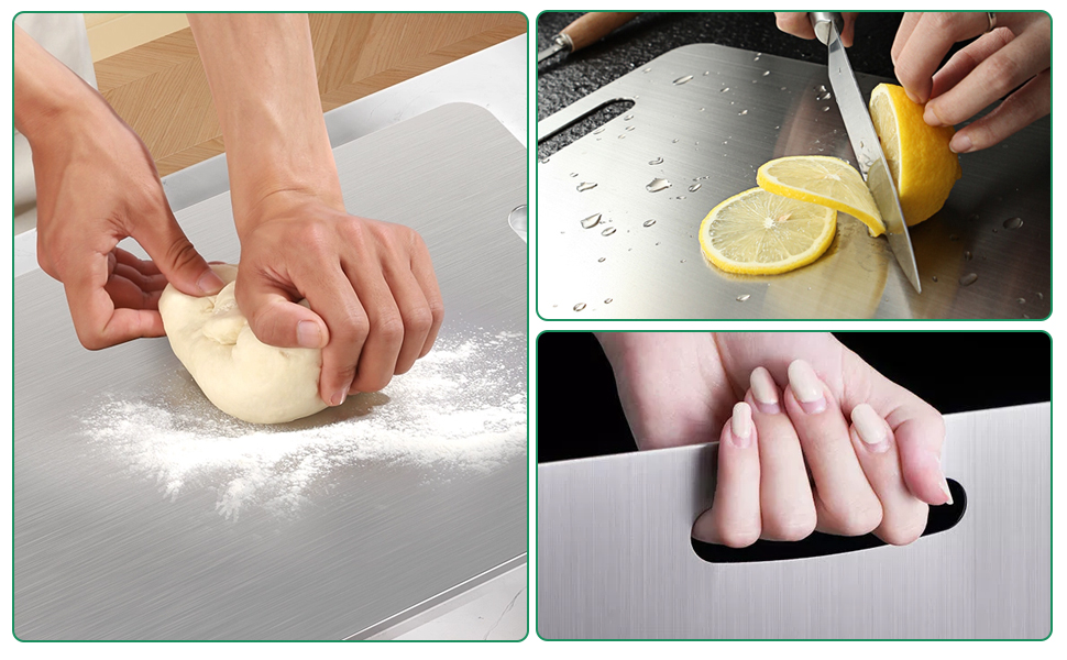 Vorbereitungssequenz beim Kochen: Vier Bilder zeigen Hände beim Teigkneten und Zitronenschneiden auf eine bemehlte Oberfläche.