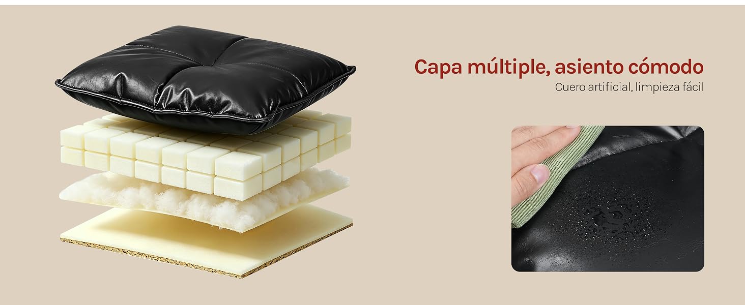 El texto dice «Capa múltiple, asiento cómodo» (Varias capas, asiento cómodo) y «Uso: M col bo-Lex-ta». Diagrama de sección transversal que muestra las capas de almohada acolchadas negras con un núcleo de espuma blanca y un material acolchado amarillo. El recuadro muestra una superficie de tela texturizada negra.
