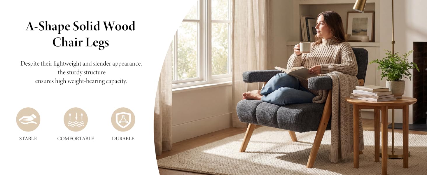 Text reads 'A Simple Solid Wood Chair Set' with three circular icons showing features. Modern wooden armchair shown in living room setting with natural lighting and side table.
