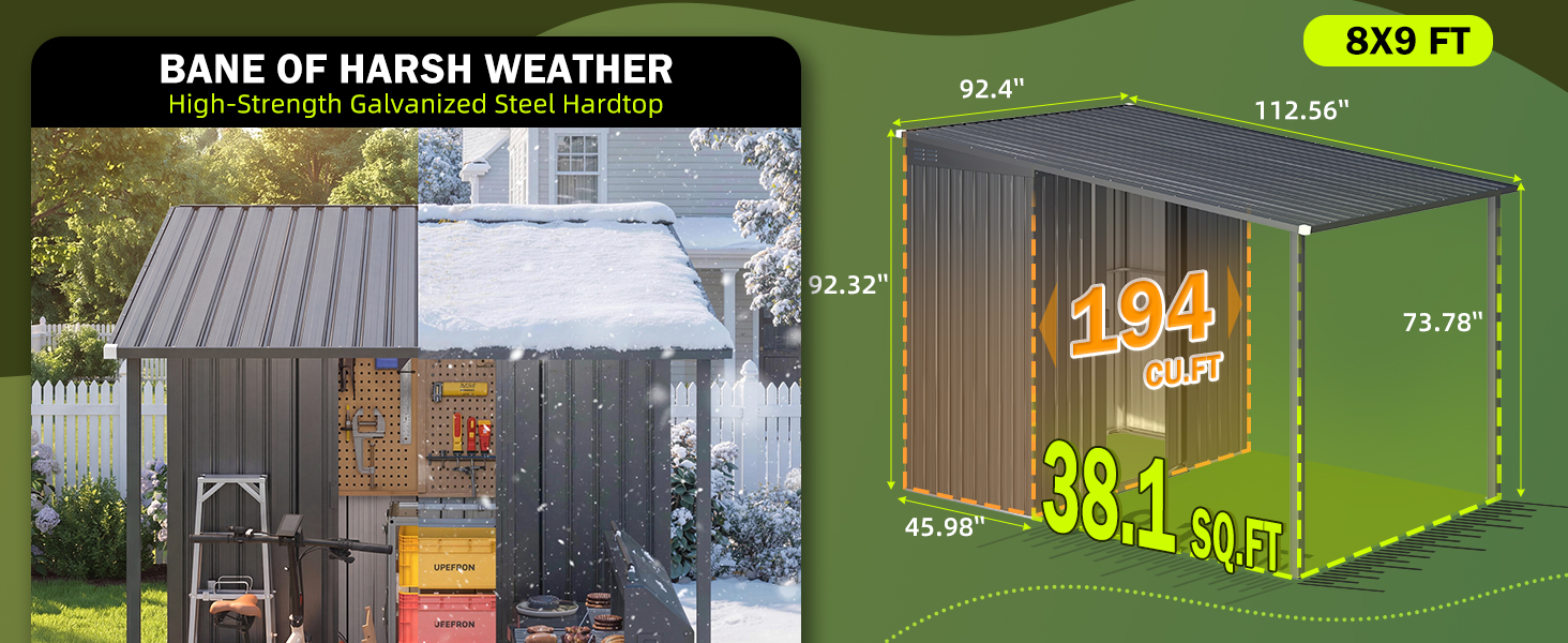 Text reads 'NAME OF HARSH WEATHER' with price tag showing '38.1' and dollar amount. Metal storage shed with green walls displayed in outdoor setting.