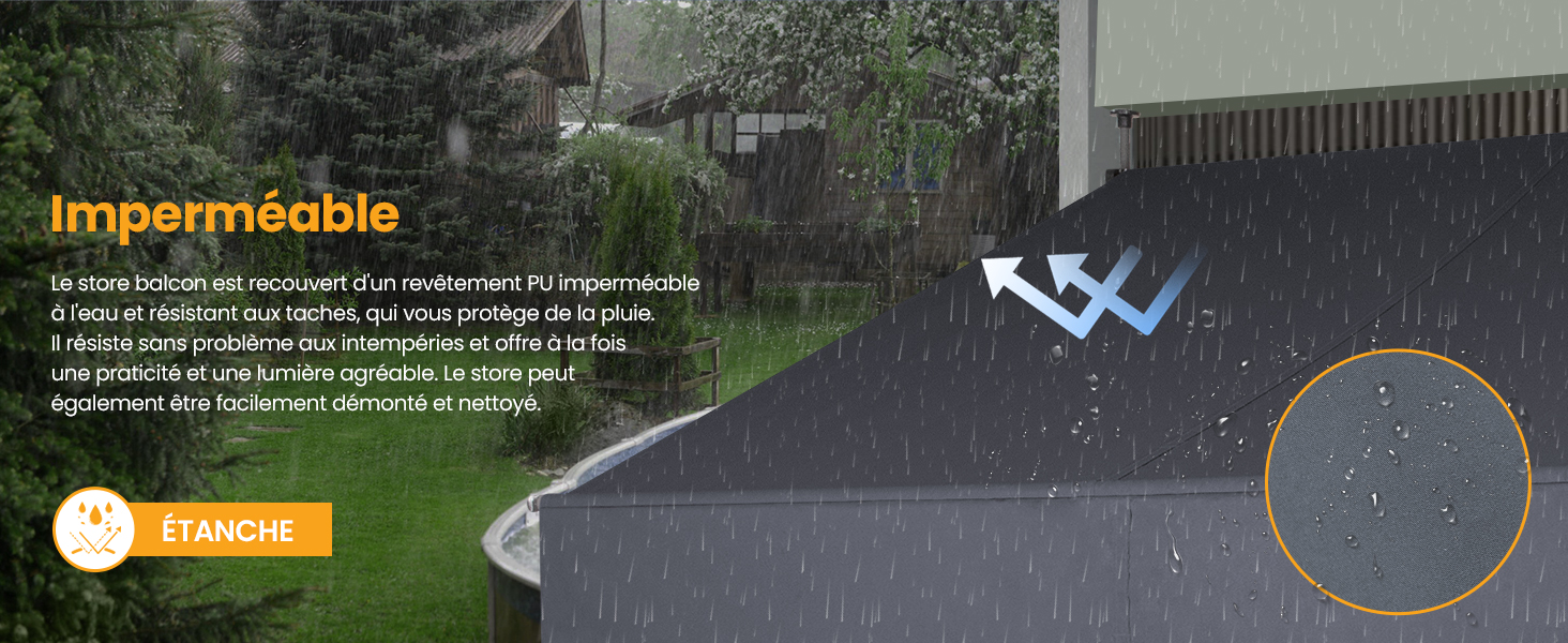 Le texte indique « Imperméable ». Installation extérieure présentant un matériau de surface de couleur foncée présentant des propriétés de résistance à l'eau, démontré par temps de pluie.