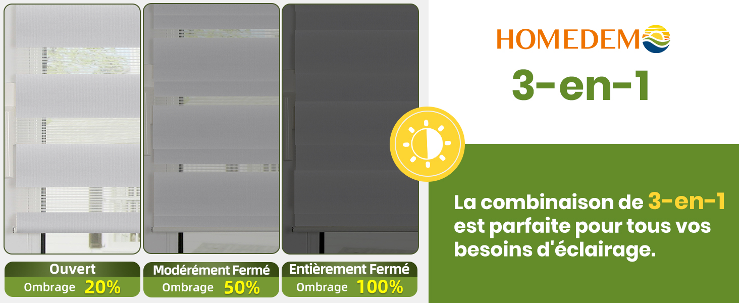 Comparaison à trois panneaux montrant les paramètres des stores à différents niveaux d'opacité : 20 % ouvert, 50 % modérément fermé et 100 % complètement fermé, avec la marque Homedem