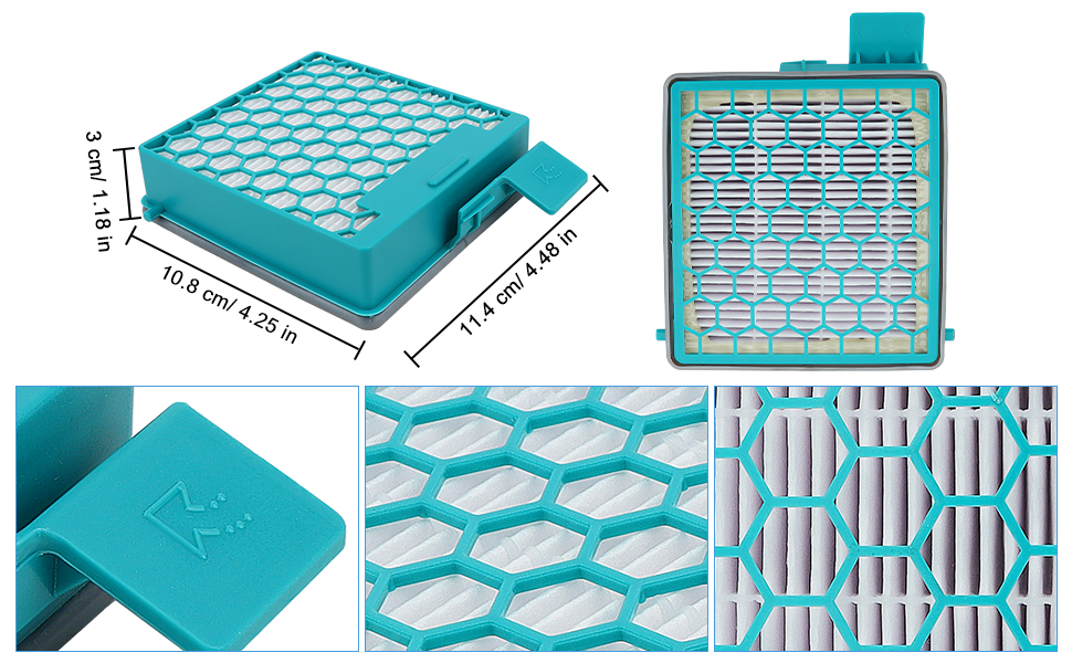 Modulares Filter- oder Gittersystem in Türkis, aus verschiedenen Blickwinkeln dargestellt, mit Wabenmuster