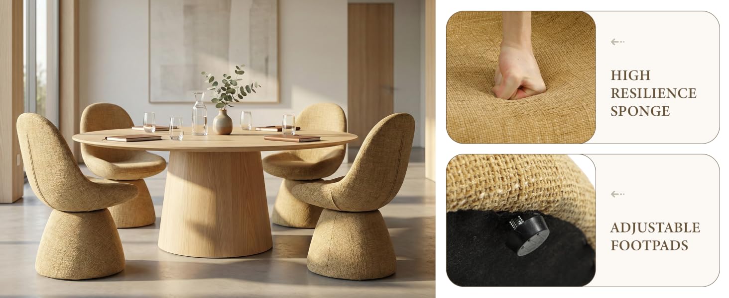 Text reads 'MICE HEAT FACE 300*300' and 'ADE STABLE 300*300'. Modern dining room with round pedestal table, upholstered chairs, and decorative vase centerpiece.