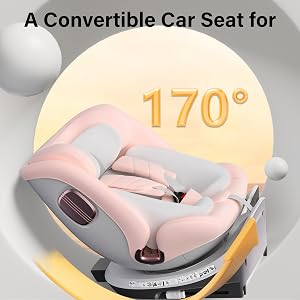 Le texte indique « Un siège auto convertible pour ». Images du produit montrant un siège auto rose et gris pivotant à 170 degrés, illustré dans plusieurs positions.