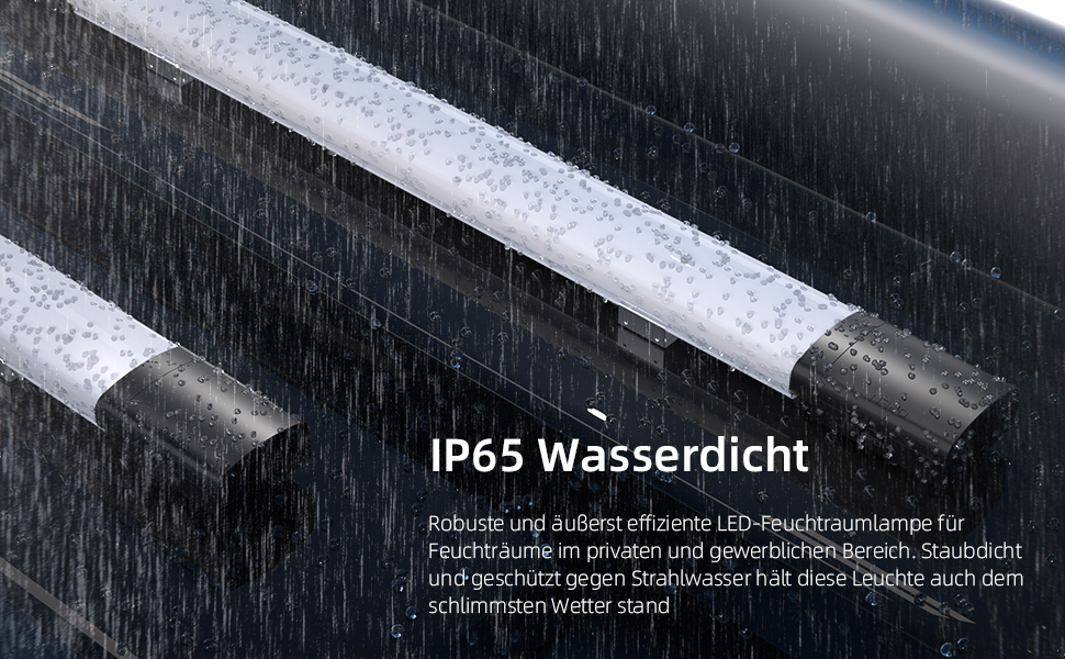 Der Text lautet „IP65 Wasserdicht“. Der LED-Lichtstreifen ist bei Regen abgebildet und weist seine Wasserdichtigkeit auf.