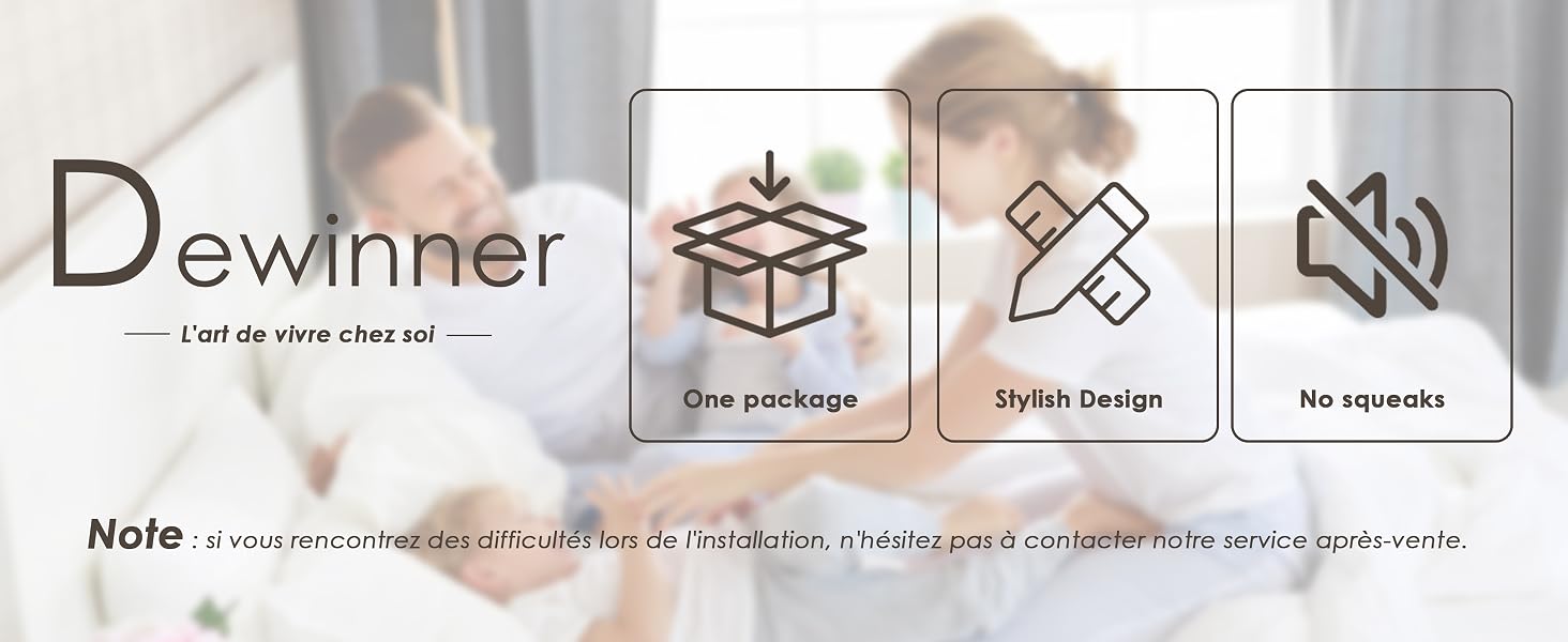 Le texte indique « Dewinner » avec trois icônes indiquant les fonctionnalités « Un colis », « Conception simple » et « Aucun opérateur ». Le texte d'une petite note apparaît en bas de l'image.