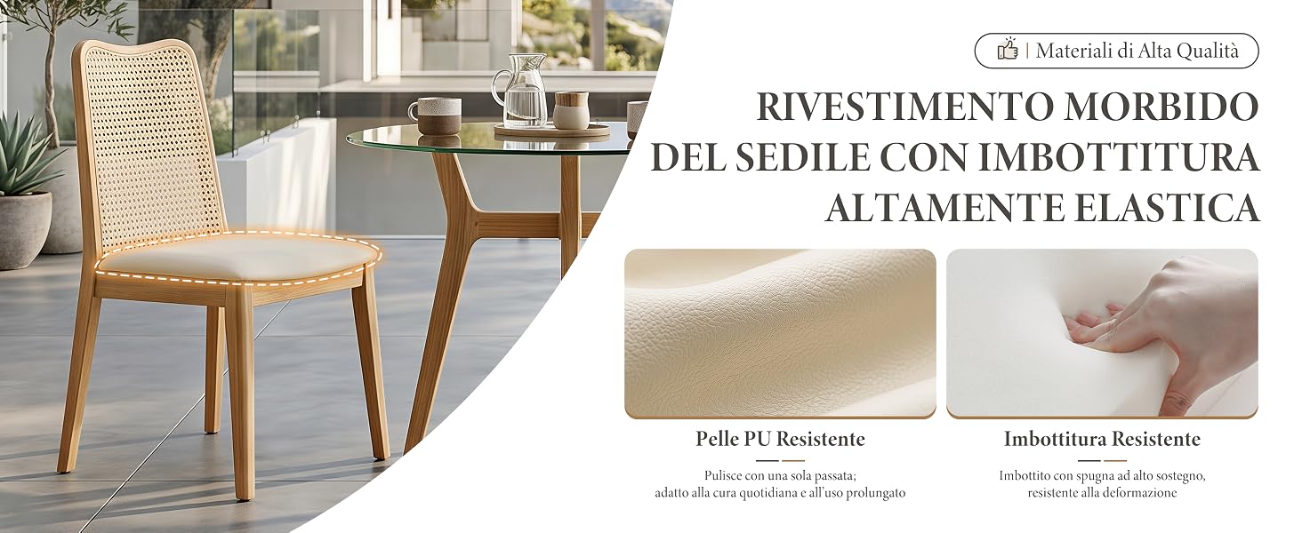 Il testo recita «DIVESTINOS LO MORRILDO DEL AJEDI CON ESTRUCTURA ALTAMENTE ELASTICA». Immagine interna della camera che mostra sedie in legno e mobili beige con sovrapposizione dei dettagli del prodotto.