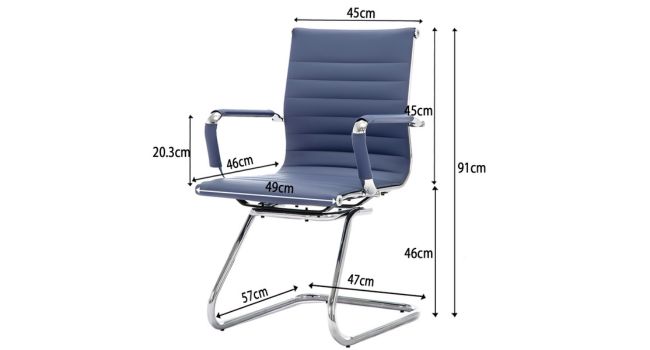 avec revêtement bleu, base en porte-à-faux chromée et accoudoirs. Dimensions détaillées indiquées : 91 cm de haut, 45 cm de large, avec une hauteur d'assise de 46 cm.