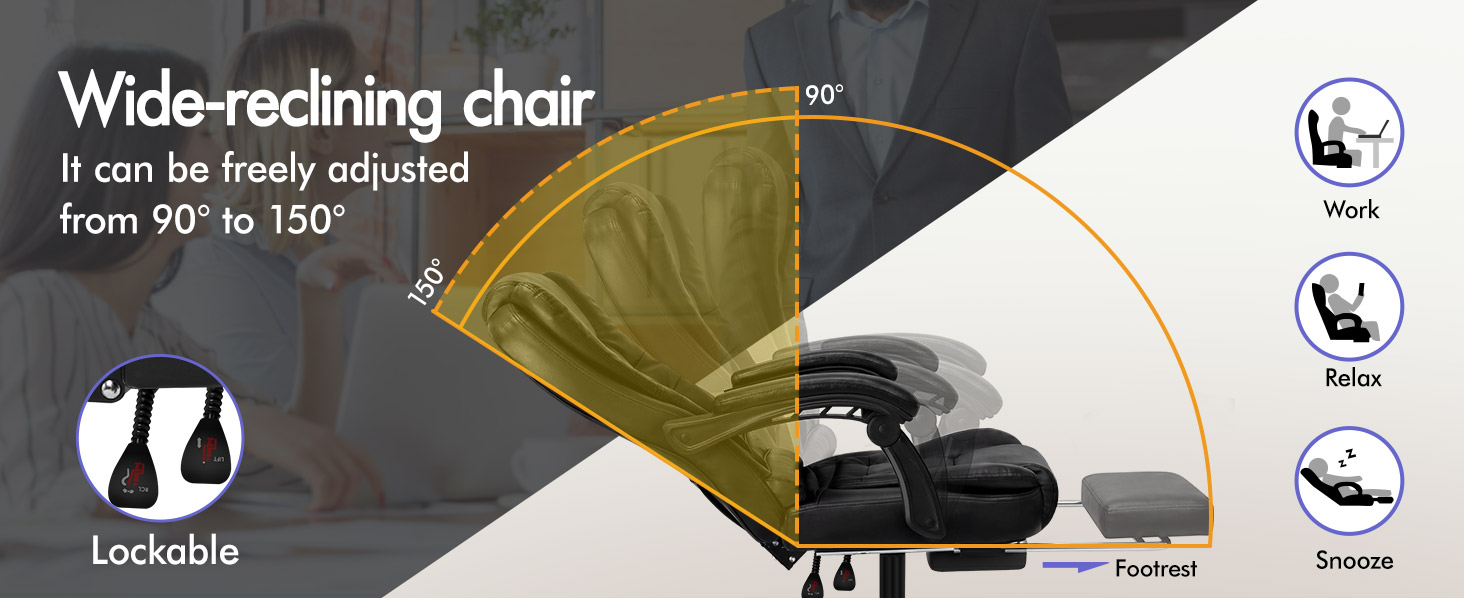 Text reads 'Wide-reclining chair', 'It can be freely adjusted from 90Đ±Ń to 150Đ±Ń', 'Lockable'. Yellow and black reclining chair with adjustment angle diagram and lockable mechanism features indicated.