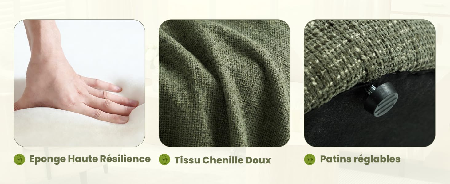 Trois échantillons de texture de tissu présentant différents motifs de tricot de couleur vert olive, avec des points indicateurs circulaires en dessous de chaque échantillon.