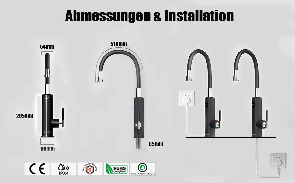 BWF LED Warmwasserhahn 3200W – Schwarz, Mit Temperaturanzeige, IPX4, Für Küche & Bad