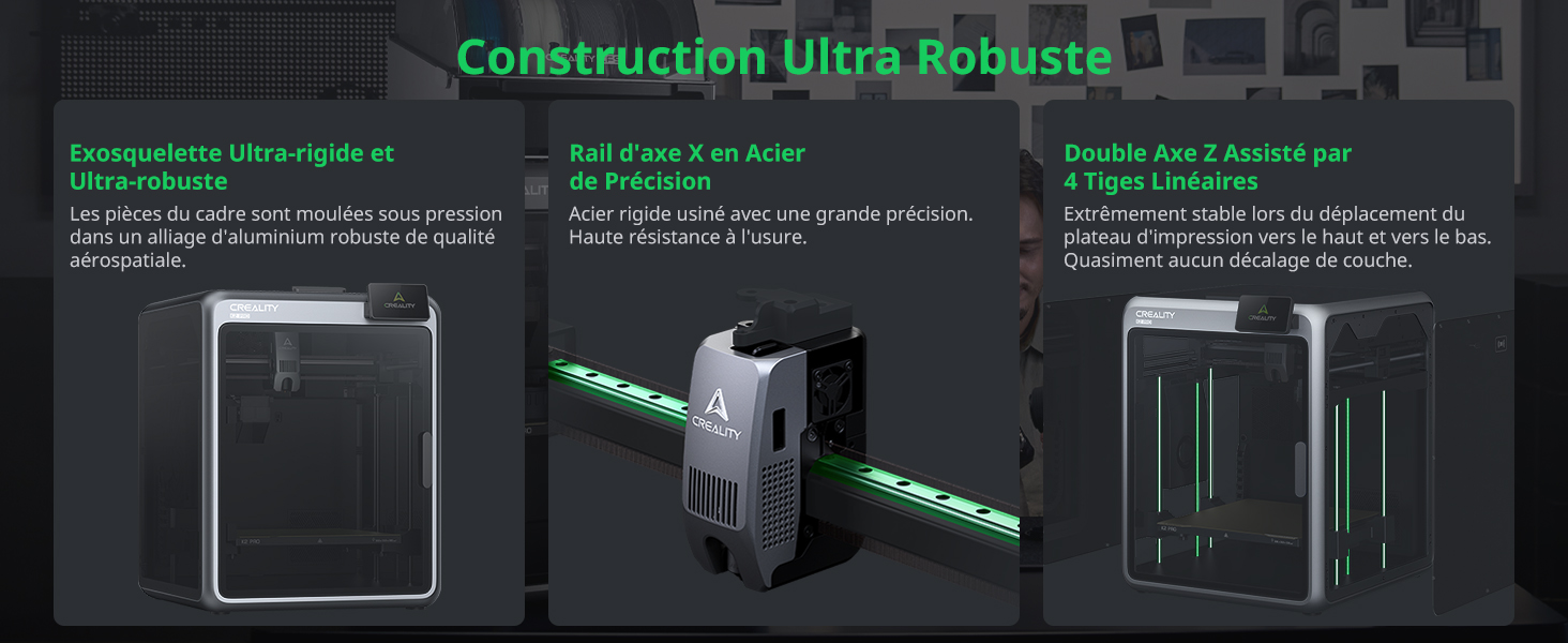 Le texte indique « Construction ultra robuste ». Trois schémas techniques montrant une structure de stockage claire et teintée de noir avec des détails de construction renforcés et des composants d'assemblage mis en évidence.