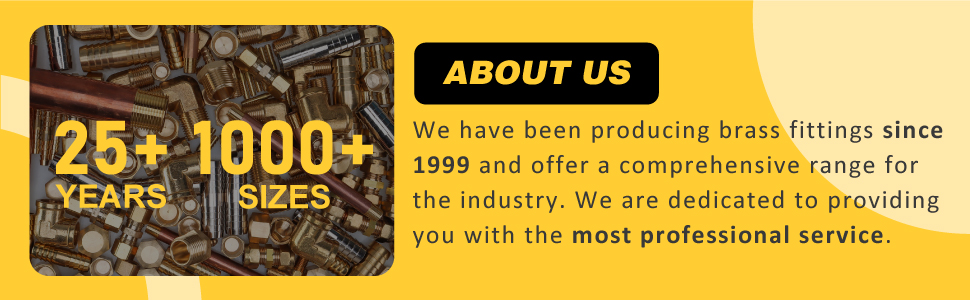 Text reads '25+ YEARS' and '1000+ SIZES'. Yellow banner showing industrial statistics and company experience information.