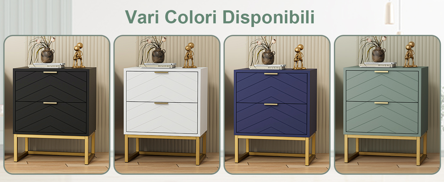 Il testo recita «Vari Colori Disponibili». Vetrina di sei comodini o tavolini di colore diverso disposti in fila, con varie opzioni di finitura.