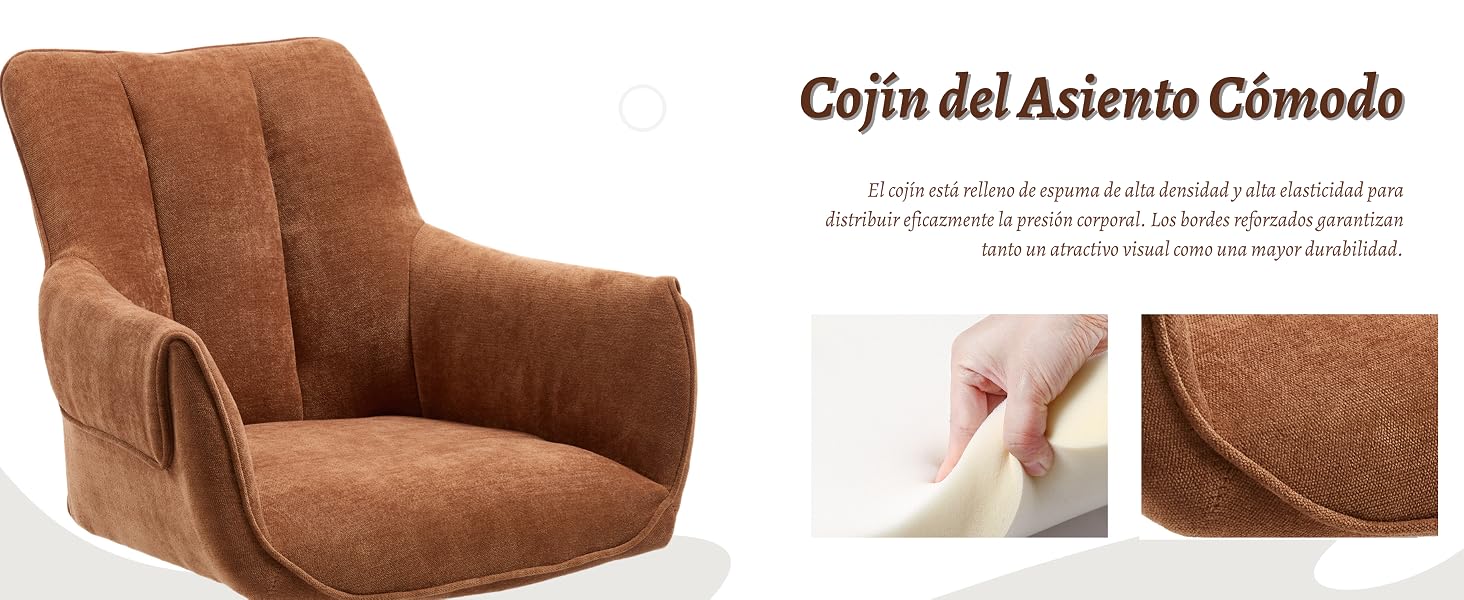 El texto dice «Cojin del Asiento Comodo». Varias imágenes del producto muestran un cojín o almohadilla de asiento marrón desde diferentes ángulos, lo que demuestra sus características de comodidad y la textura del material.