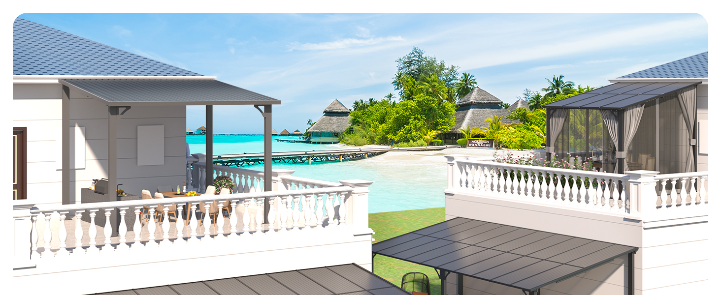 Complexe de luxe en bord de mer avec des bungalows blancs, des terrasses à balustrade et une piscine à débordement surplombant l'océan turquoise.