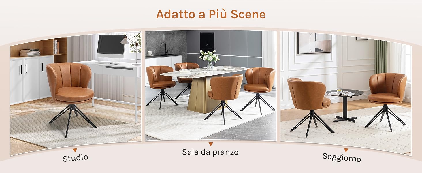 Il testo recita «Serie Adelfa y Sol». Serie di sedie da ufficio moderne in pelle marrone mostrate in più angolazioni su sfondo bianco.