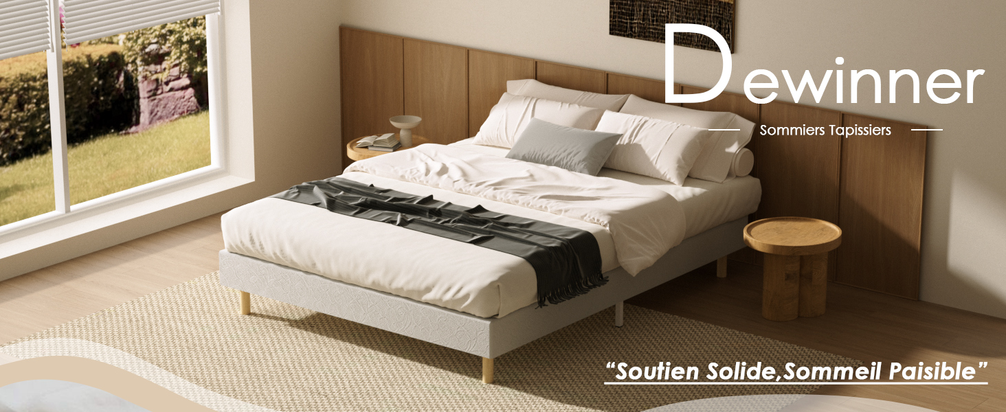 Le texte indique « Dewinner ». Les images montrent un canapé ou un lit de repos moderne de couleur claire, affiché dans différentes positions et configurations dans une pièce.