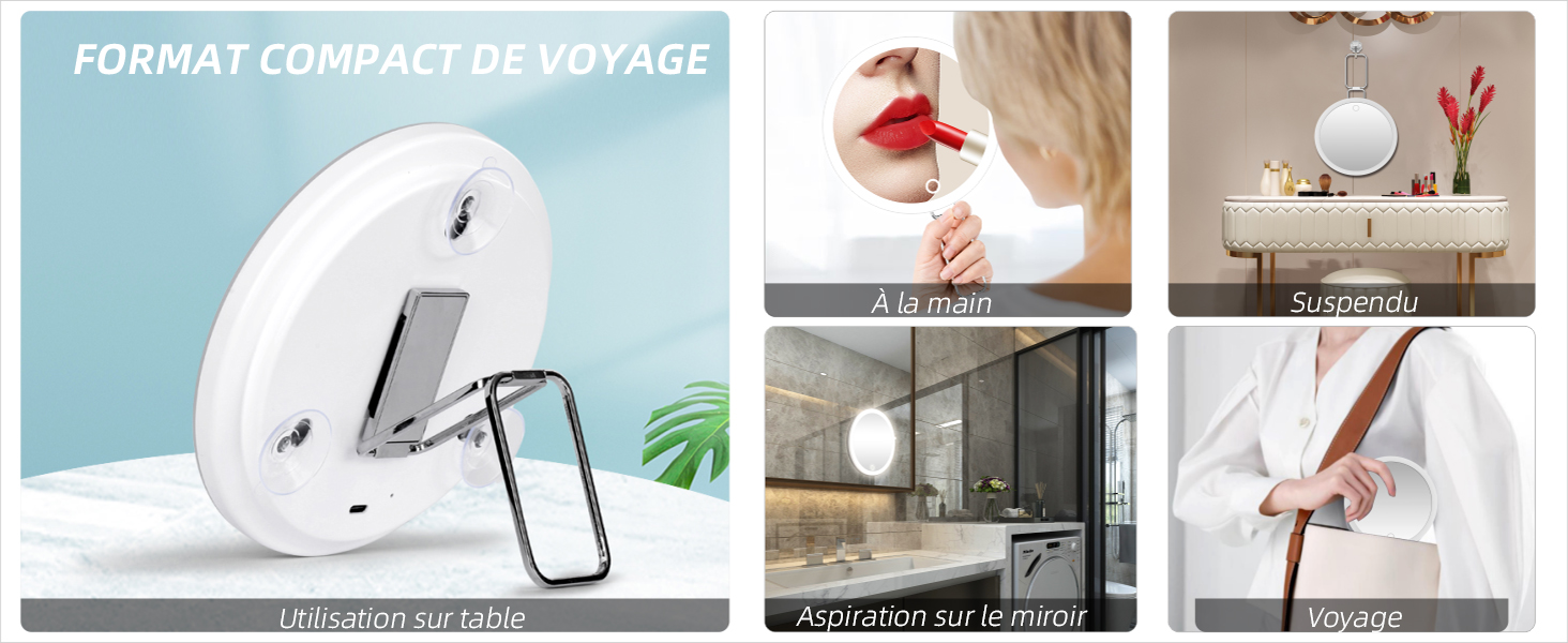 Espejo de maquillaje blanco compacto con iluminación LED adecuado para múltiples escenarios de uso, incluido el almacenamiento, la aplicación de maquillaje y el transporte portátil.