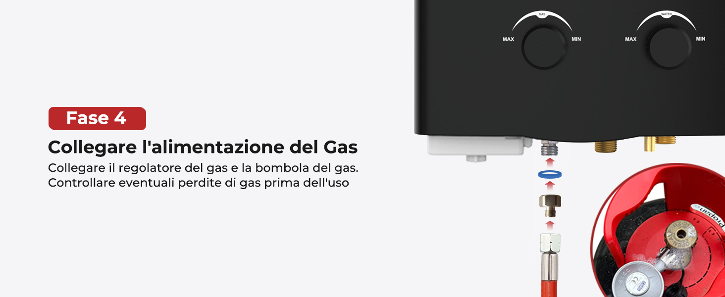 Schema tecnico che mostra la fase di installazione del collegamento del gas, con unità di controllo nera e componente rosso.