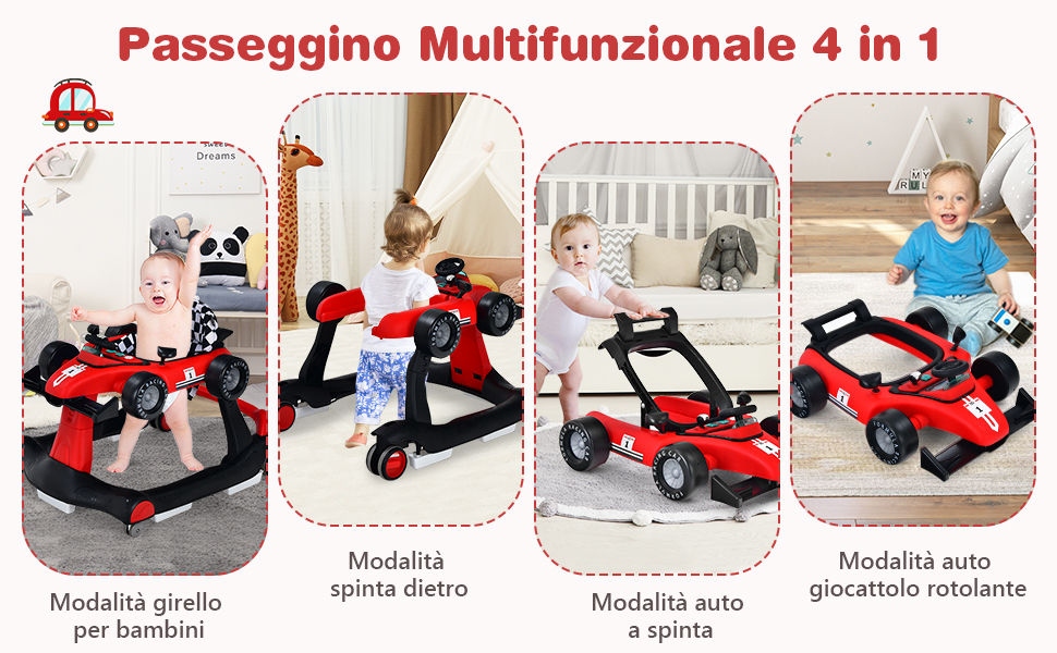 DREAMADE 4 in 1 Girello a Spinta Primo Passo per Bambini da 6 a 18 Mesi con  Luci e Suoni, Velocità e Altezza Regolabili, Portata 15 kg, 64x73x50,5/55,5  cm (Bianco)