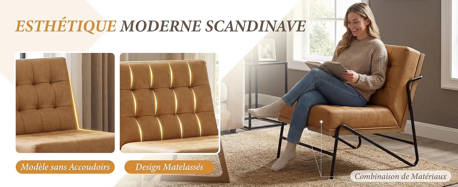 Le texte indique « ESTHÉTIQUE MODERNE SCANDINAVE » (Esthétique scandinave moderne). Femme assise sur un fauteuil matelassé beige. Les badges oranges indiquent « Cuir véritable » (cuir véritable) et « Design & Confort » (Design et confort). Chaise de style milieu du siècle présentée.