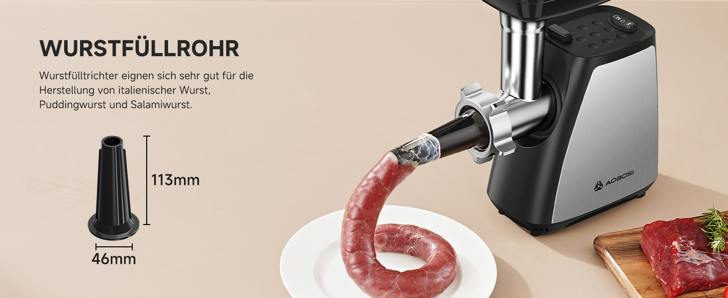Der Text lautet „WURSTSULLSAIR“ mit einem technischen Diagramm, das die Maße zeigt. Elektrischer Fleischwolf oder Gerät zur Lebensmittelverarbeitung, schwarz abgebildet.